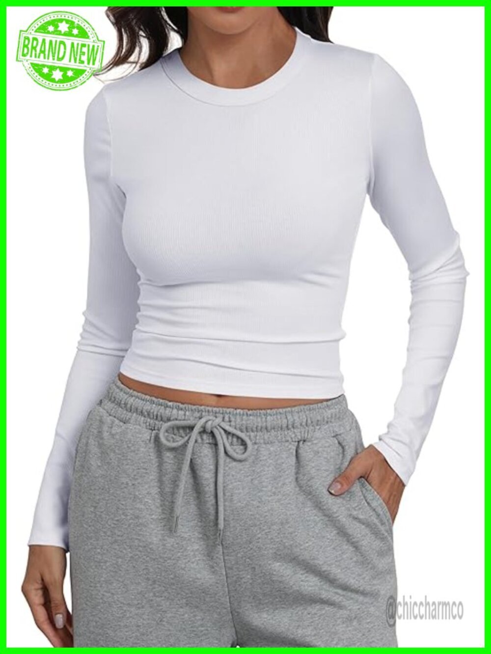 Crew Neck Ribbed Knit Long Sleeve Crop Top Form Fitting Stretchy